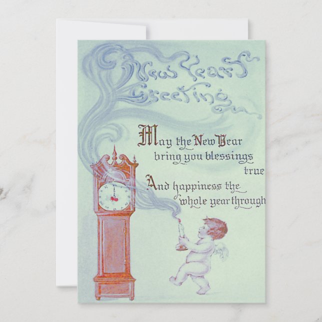 Invitation Bébé Nouvel An Cherub Angel Grand-père Horloge (Devant)