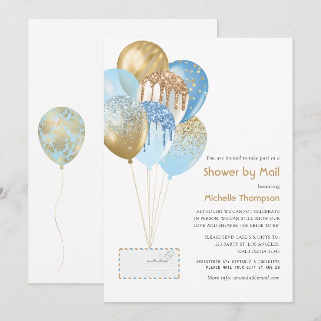 Invitation Bébé or et bleu ou Fête des mariées par courrier (Devant / Derrière)