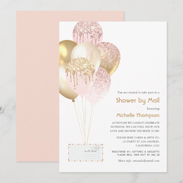 Invitation Bébé or et blush ou Fête des mariées par courrier (Devant / Derrière)