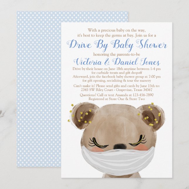 Invitation Bébé Ours avec Masque Drive Par Baby shower (Devant / Derrière)
