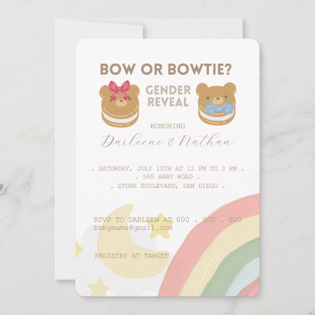Invitation Bébé ours, Bow ou Bowtie, Genre Revevela Party (Devant)