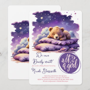 Invitation Bébé ours dormant violet Galaxy Baby shower fille