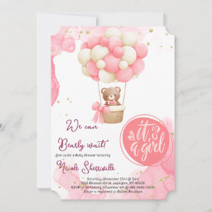 Invitation Bébé Ours rose Or Hot Air Baby shower