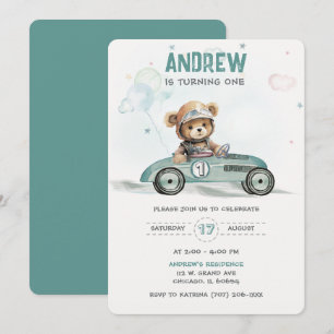 Invitation Bébé ours voiture de course 1er anniversaire 
