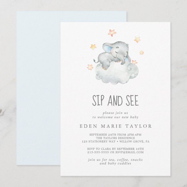 Invitation Bébé petit éléphant en sommeil Sip et voir (Devant / Derrière)