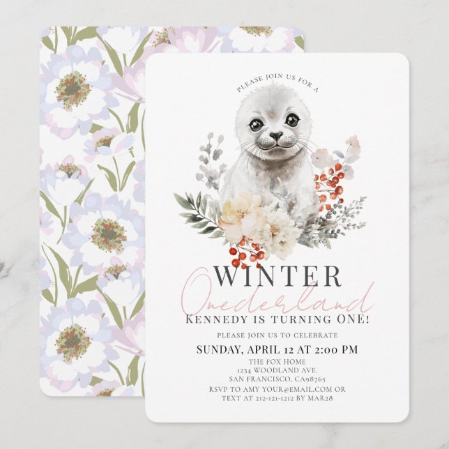 Invitation Bébé Phoque Hiver Onederland Fille 1er anniversair (Devant / Derrière)