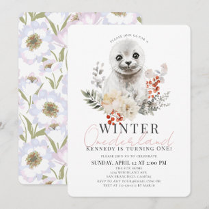 Invitation Bébé Phoque Hiver Onederland Fille 1er anniversair