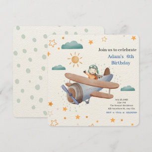 Invitation Bébé Pilote d'Avion à l'Aquarelle Bleue et Verte