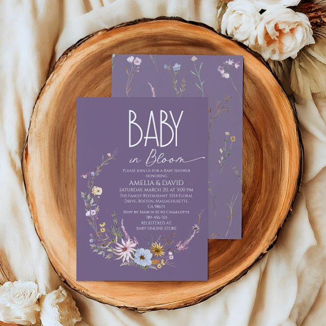 Invitation Bébé pourpre en fleur Baby shower Fleur sauvage (Créateur téléchargé)