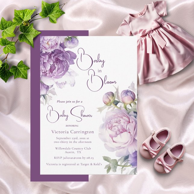 Invitation Bébé pourpre en fleur Baby shower Floral moderne (Créateur téléchargé)