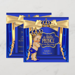 Invitation Bébé Prince Bleu Royal Fête Prénatale Couronne Dor
