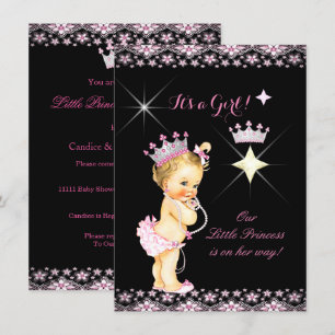 Invitation Bébé princesse Baby Shower Rose Couronne Noir Blon