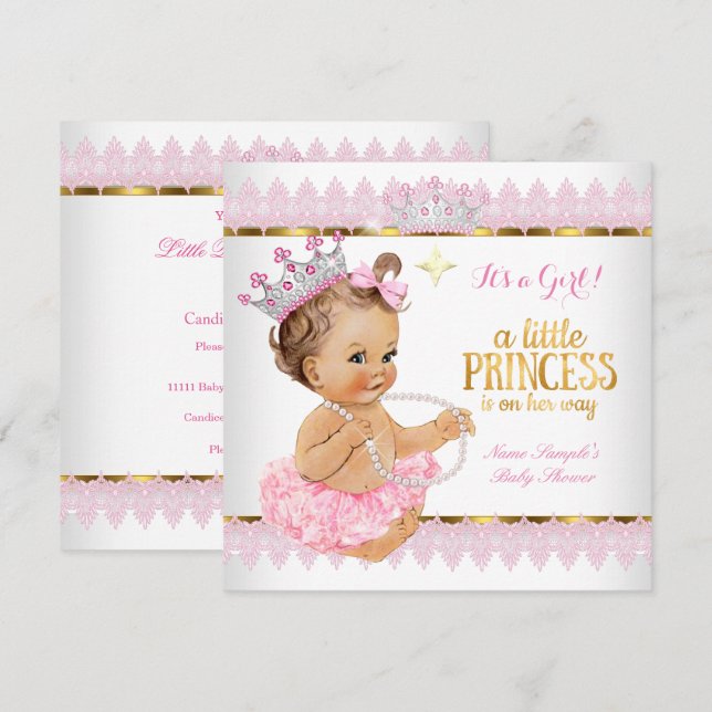 Invitation Bébé princesse Baby Shower Rose Or Brunette Bébé (Devant / Derrière)