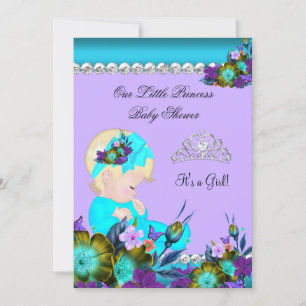 Invitation Bébé Princesse Fille Saumon Bleu Violet Blond