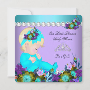 Invitation Bébé Princesse Fille Saumon Bleu Violet Blonde