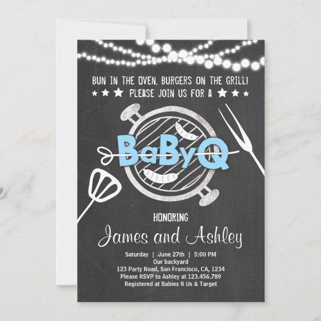 Invitation Bébé Q BBQ Couples Douche Baby shower Bleu (Devant)