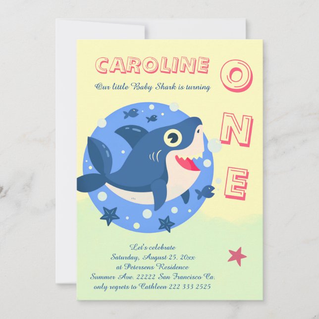 Invitation Bébé requin Premier anniversaire sous le jaune de  (Devant)