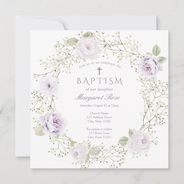 Invitation Bébé Respiration et violet Roses Fille Baptême (Devant)