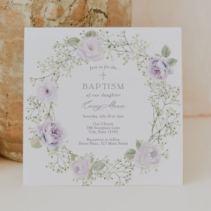 Invitation Bébé Respiration et violet Roses Fille Baptême