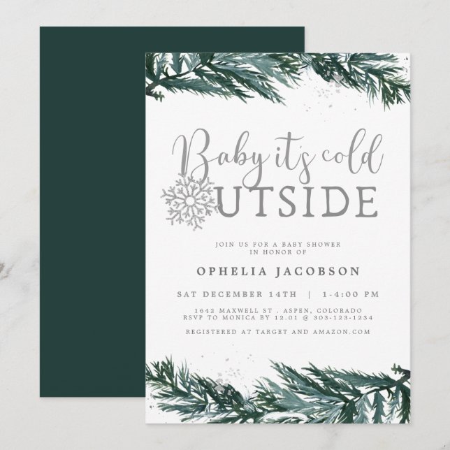 Invitation Bébé RORY Son Baby shower de pin d'hiver extérieur (Devant / Derrière)