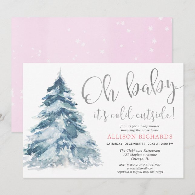 Invitation Bébé rose argent son froid extérieur fille baby sh (Devant / Derrière)