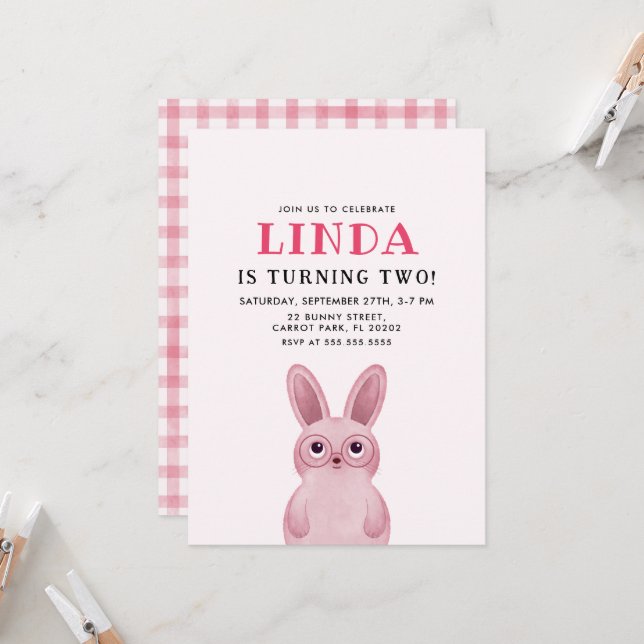 Invitation Bébé rose avec lunettes fête d'anniversaire fille (Devant/Arrière en situation)