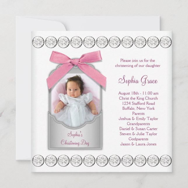 Invitation Bébé rose blanc fille Christening photo (Devant)