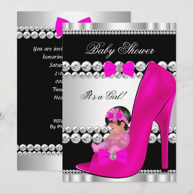 Invitation Bébé rose chaud mignonne Baby shower fille en chau (Devant / Derrière)