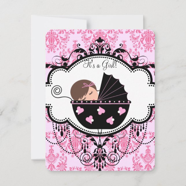 Invitation Bébé rose Damask fille Douche (Devant)