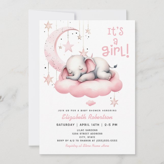 Invitation Bébé rose Eléphant Lune Étoiles Fille Baby shower (Devant)