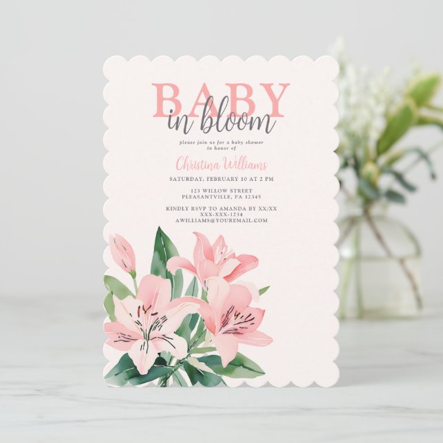 Invitation Bébé rose en fleur Baby shower fille (Debout devant)