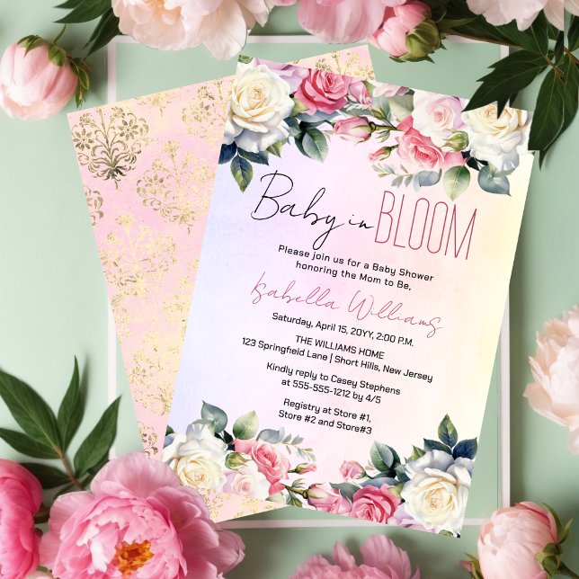 Invitation Bébé rose en Fleur Baby shower Floral (Pink and White Roses Baby in Bloom Girl Floral Baby Shower Invitation)