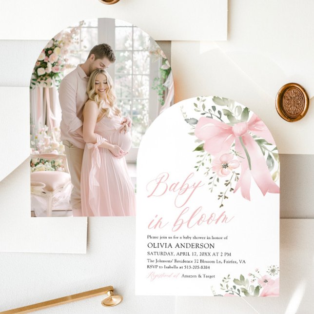 Invitation Bébé rose en fleur Baby shower floral fille (Pink Bow Floral Baby in Bloom Girl Baby Shower Arched Invitation)