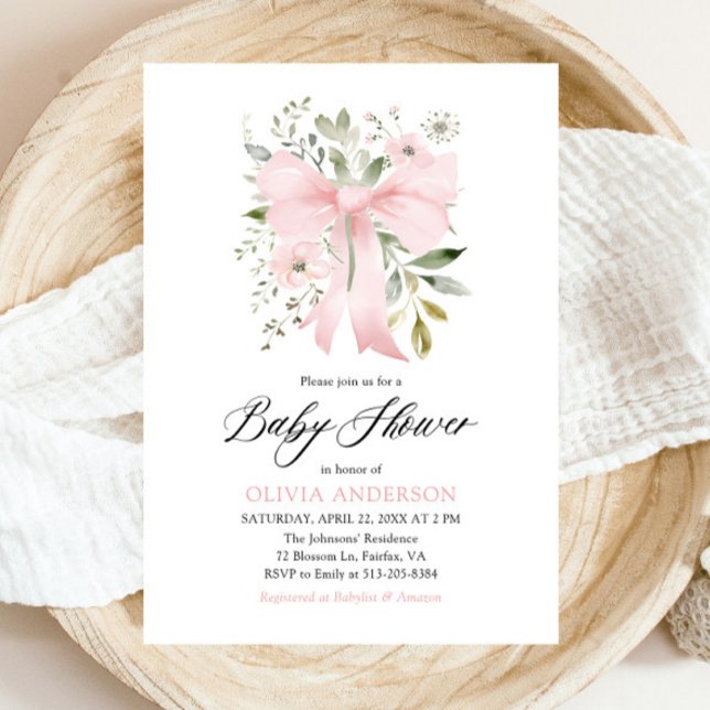 Invitation Bébé rose en fleur Baby shower floral fille (Watercolor Blush Pink Bow Floral Girl Baby Shower Invitation)