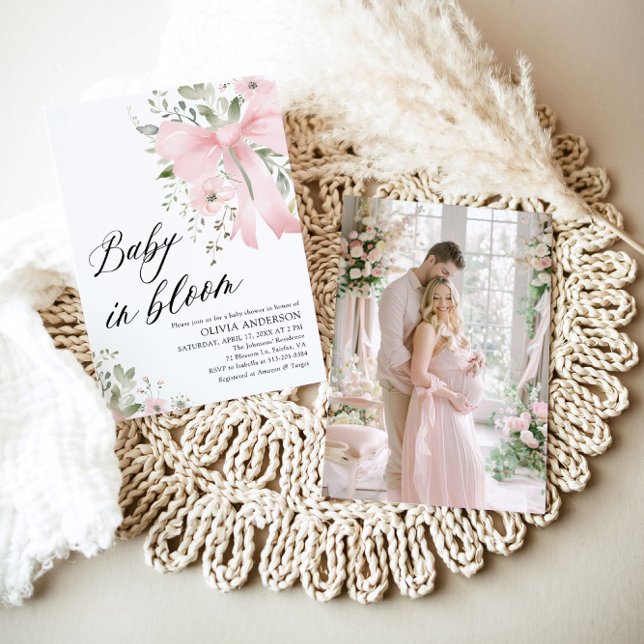 Invitation Bébé rose en fleur Baby shower floral fille (Watercolor Pink Bow Baby in Bloom Floral Girl Baby Shower Invitation)