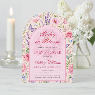 Invitation Bébé Rose en Fleur Fille Douce Jardin Papillons
