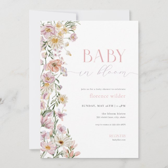 Invitation Bébé rose et pourpre en fleur Baby shower Invitati (Devant)