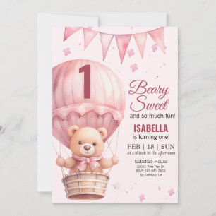 Invitation Bébé rose Fille Air Ballon Teddy Ours Anniversaire