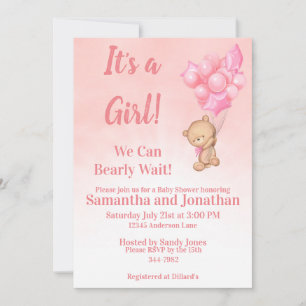 Invitation Bébé rose Fille Bébé Attendre Teddy Bear Baby show