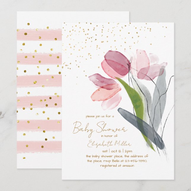 Invitation Bébé rose Fleur Dans Baby shower Fleur (Devant / Derrière)