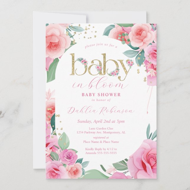 Invitation Bébé rose floral dans le Baby shower en fleur (Devant)