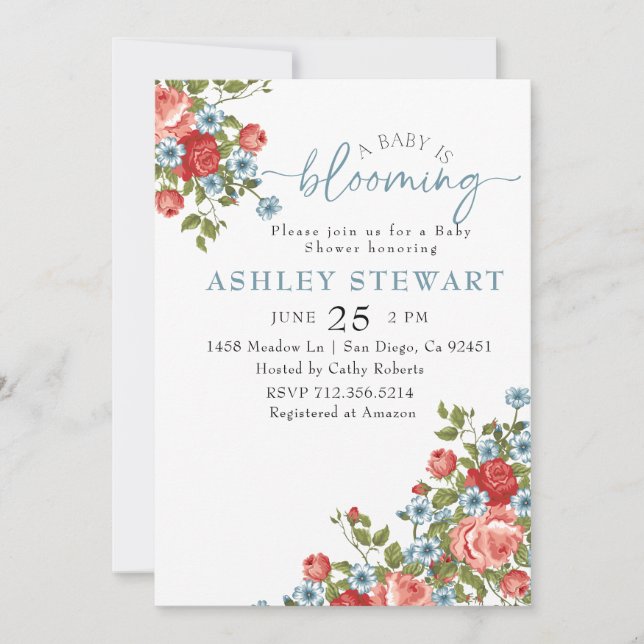 Invitation Bébé rose floral dans le Baby shower Fille en fleu (Devant)