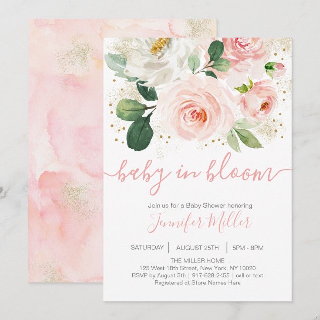 Invitation Bébé rose Floral Dans Le Baby shower Fleuri (Devant / Derrière)