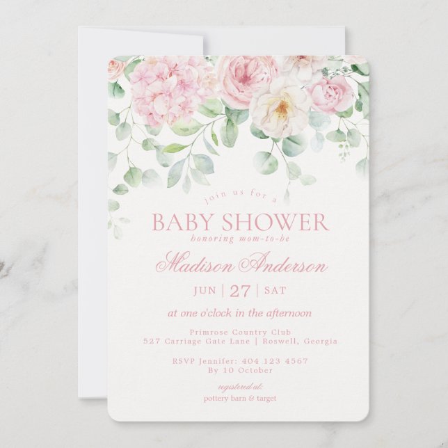 Invitation Bébé rose floral en fleurs Baby shower Hydrangea (Devant)