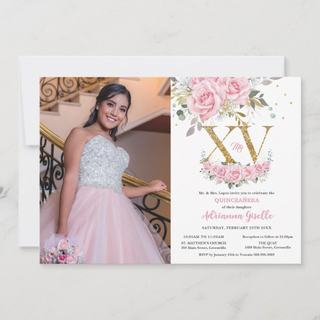 Invitation Bébé rose floral or XV Quinceañera Quince Photo (Devant)