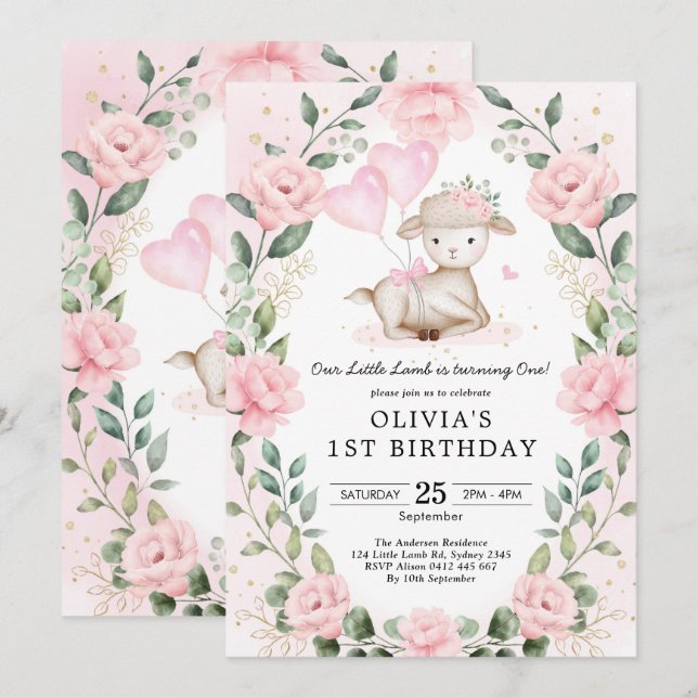 Invitation Bébé rose floral rousse agneau mouton fille Annive (Devant / Derrière)
