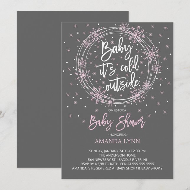 Invitation Bébé rose gris Il fait froid dehors Baby shower (Devant / Derrière)