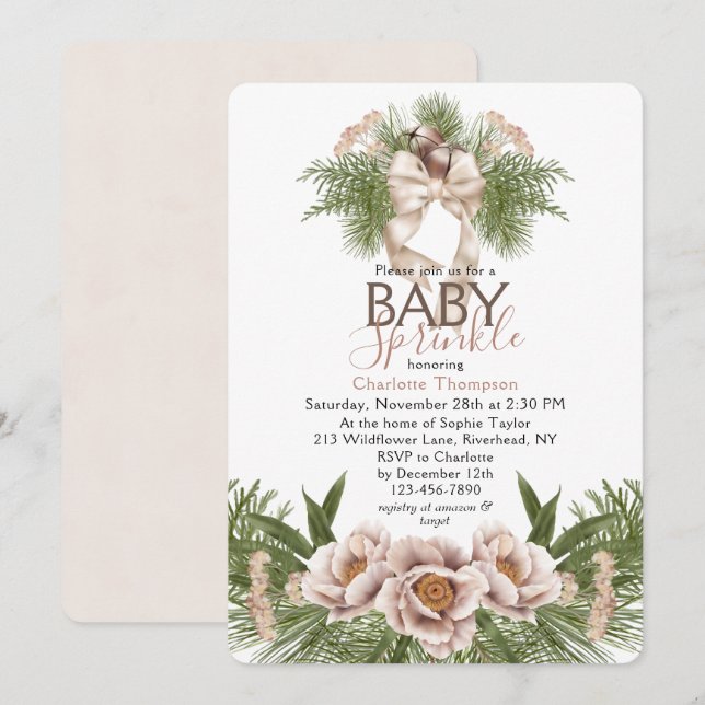 Invitation Bébé rose pâle Saupoudrer Baby shower Floral d'hiv (Devant / Derrière)
