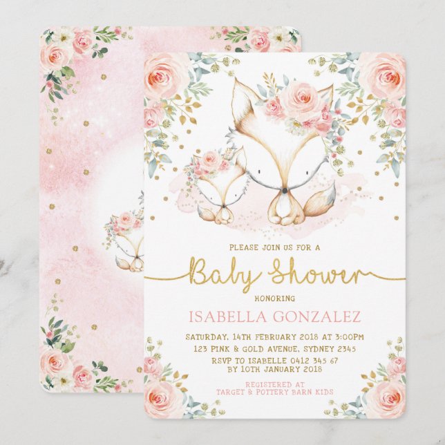 Invitation Bébé rose rose floral boisé Fox fille douche (Devant / Derrière)
