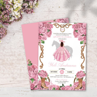 Invitation Bébé Rose Rose Floral Western Charro Quinceañera